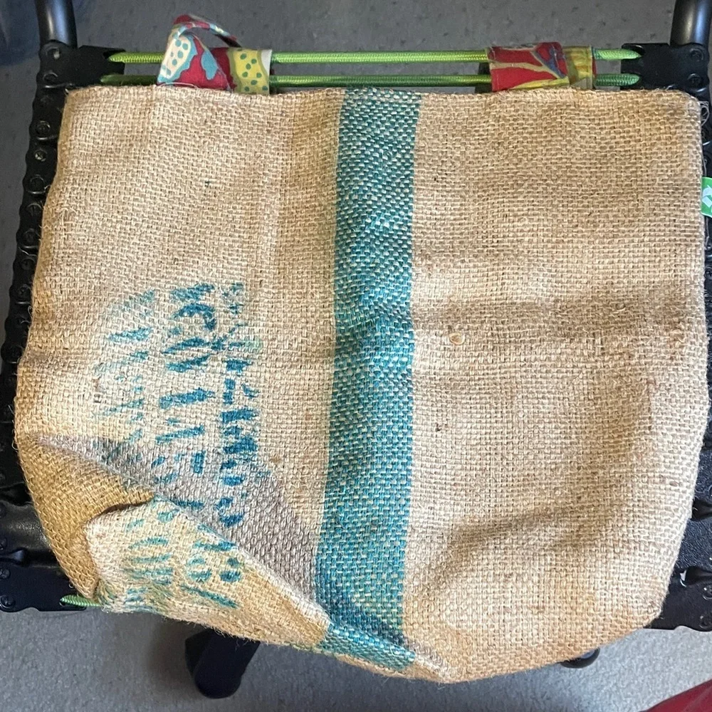 Chic Burlap Tote with Green Accents Made with 100% recycled material